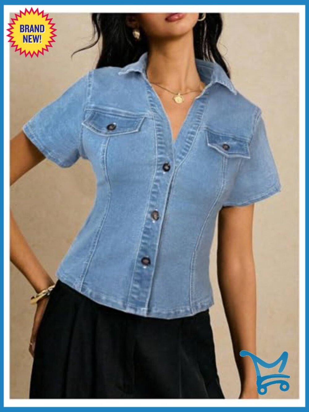 Short Sleeve Button Down Denim Jacket Y2K Fitted Jean Shirt Top - Picture 2 of 6